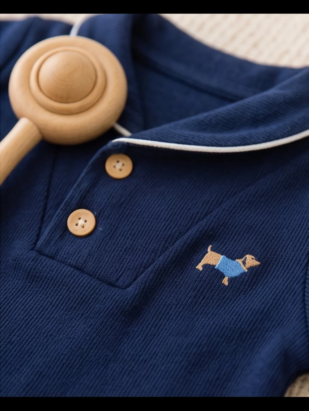 Navy Footed Baby Romper with Dog Embroidery